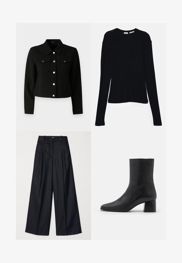 Giacca nera cropped con colletto a punta, maniche lunghe, due tasche flap sul petto e bottoni a pressione argentati lungo la parte anteriore.; Maglietta nera a maniche lunghe realizzata in tessuto morbido, con scollo rotondo e vestibilità ampia, dotata di spacchi laterali all'orlo per facilitare i movimenti.; Pantaloni neri a gamba larga realizzati in un tessuto morbido, con vita alta, pieghe e un design sartoriale. Finiture semplici in nero in vita.; Stivali ankle in pelle nera con punta affusolata e tacco quadrato grosso. Texture liscia con un design senza cuciture e cuciture minimaliste.