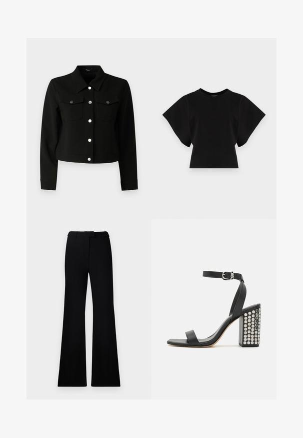 Jachetă neagră cropped cu guler ascuțit, mâneci lungi, două buzunare pe piept cu clapă și capse argintii pe față.; Tricou scurt negru din bumbac, cu mâneci scurte și largi și un decolteu rotund, cu o textură netedă și un design minimalist.; Pantaloni negri evazați, cu o textură netedă, talie ajustată și buzunare frontale, proiectați cu o siluetă modernă, elegantă.; Sandale cu toc din piele neagră, cu o curea la gleznă. Au vârf pătrat, textură netedă și toc pătrat bloc decorat cu capse argintii.