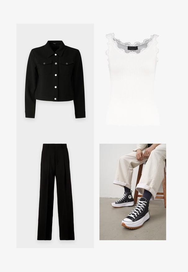 Black cropped jacket with pointed collar, long sleeves, two flap chest pockets, and silver snap buttons down the front.; White ribbed tank top with lace trim on the neckline and sleeves. Features a soft texture and fitted shape. Brand label visible inside.; Black wide-leg trousers made of smooth fabric, featuring a high waist, front pleats, and a clean, tailored design without embellishments.; High-top black sneakers with white laces and rubber toe cap. Thick white sole with a textured brown outsole, worn with navy striped socks.