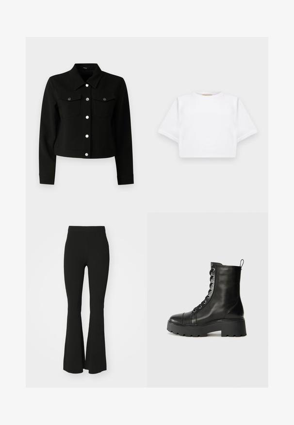 Zwart cropped jasje met puntige kraag, lange mouwen, twee opgestikte borstzakken en zilveren drukknoopsluitingen aan de voorkant.; Gemiddelde witte T-shirt gemaakt van zachte stof, met korte mouwen, een ronde halslijn en geribbelde zoomdetails. Eenvoudig en ongecompliceerd ontwerp.; Zwarte flarepants van rekbare stof, met een hoge taille en een glad, onversierd oppervlak. Eenvoudig en aansluitend ontwerp.; Zwarte leren enkellaars met een ronde neus, stevige rubberen zool en metalen oogjes. Beschikt over een vetersluiting en een trekband aan de achterkant.