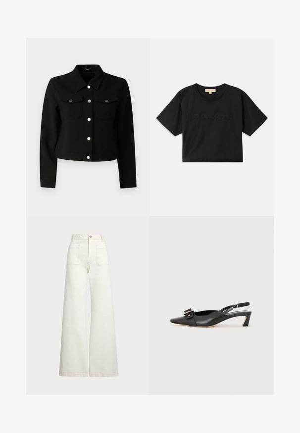 Čierna skrátená bunda s špicatým golierom, dlhými rukávmi, dvoma vreckami na hrudi s klopou a striebornými cvokmi po celej prednej strane.; Čierny skrátený tričko vyrobené z bavlny. Má okrúhly výstrih a krátke rukávy. "MICHAEL KORS" vyšitý v zodpovedajúcej farbe na prednej strane.; Džínsy s širšími nohavicami v off-white denim. Vysoký pás s gombíkovým zapínaním, dve predné vrecká a kontrastné švy.; Čierne kožené sandále s úzkym prstom, malým opätkom a dekoratívnou sponou na vrchnej časti. Hladká textúra, minimalistický dizajn.