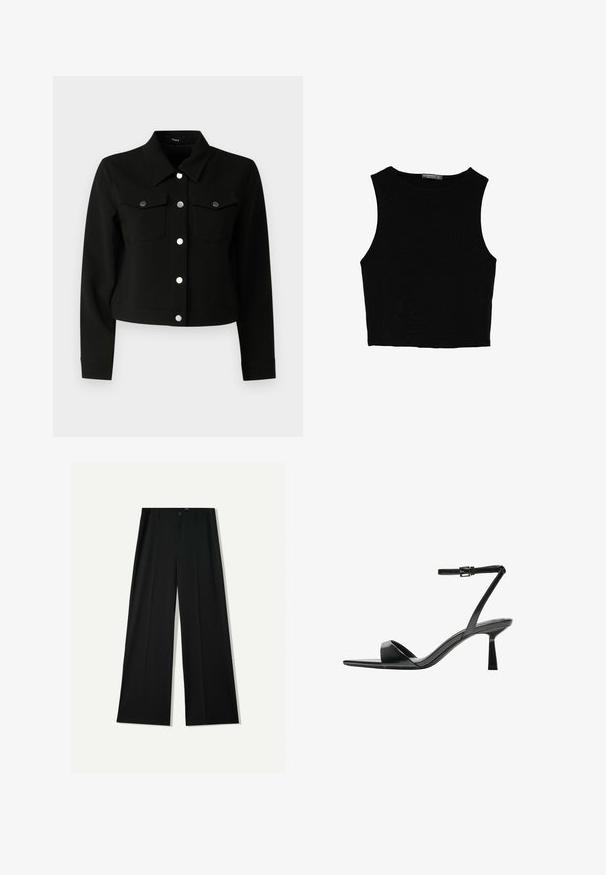 Črno skrajšano usnjeno jakno s špicastim ovratnikom, dolgimi rokavi, dvema žepoma na prsih s poklopcem in srebrnimi pritisnimi gumbi spredaj.; Črn brez rokavov crop top, izdelan iz gladkega materiala, z okroglim izrezom in čistim, preprostim dizajnom brez vzorcev ali dodatkov.; Bershka WIDE - Hlače - black; Bershka Sandali z visoko peto - black