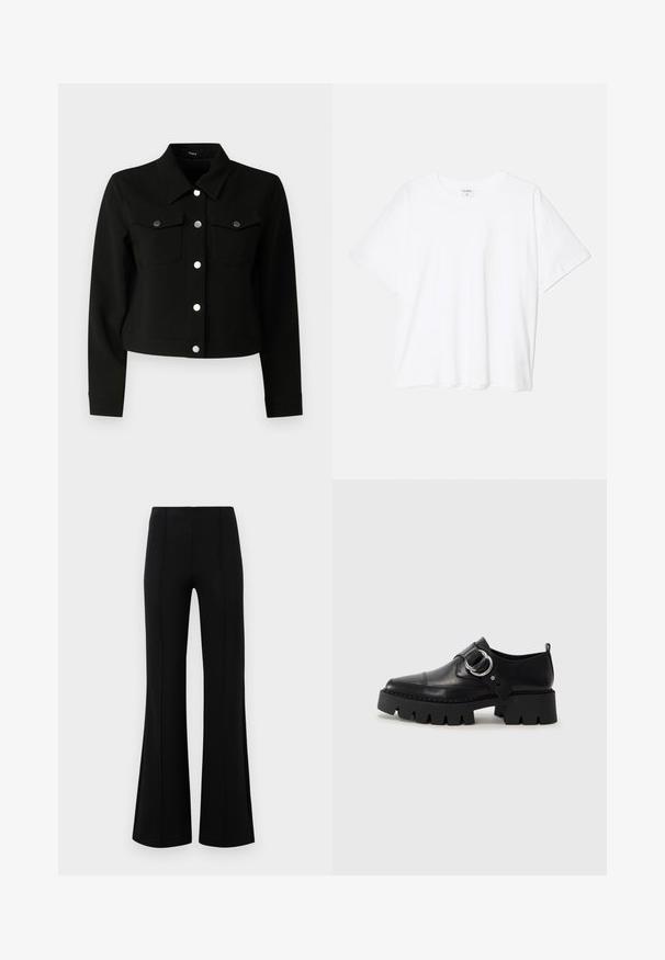 Czarna krótka kurtka z wyprofilowanym kołnierzem, długimi rękawami, dwiema kieszeniami na klatce piersiowej z klapami oraz srebrnymi zatrzaskami z przodu.; Biała bawełniana koszulka z krótkim rękawem, okrągłym dekoltem, luźnym krojem i przeszytym brzegiem. Metka widoczna wewnątrz dekoltu.; Czarne rozszerzane spodnie z wysokim stanem, wykonane z elastycznego materiału. Posiadają pionowe szwy z przodu oraz gładką teksturę.; Czarne skórzane buty z masywną, żebrowaną podeszwą, z okrągłym akcentem ze srebrnego metalu i minimalnymi detalami szwów.