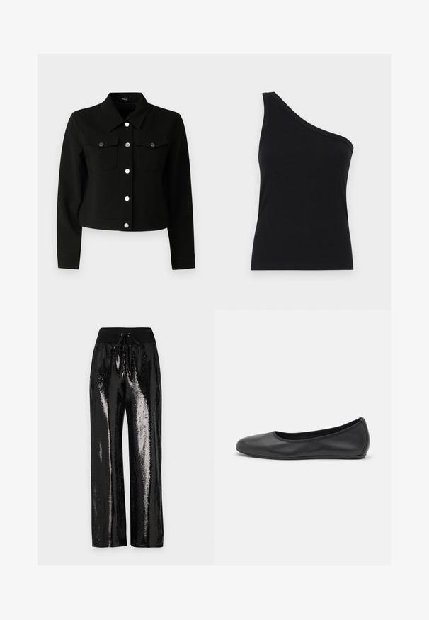 Fekete, rövidre vágott dzseki hegyes gallérral, hosszú ujjakkal, két hajtókás mellzsebbel és ezüst színű patentgombokkal elöl.; Egyszerű, fekete, bordázott, egyvállas ujjatlan felső, testhez simuló fazonnal és puha textúrával. Tiszta, minimalista szabás és sima nyakkivágás jellemzi.; Fekete flitteres nadrág széles lábszárral és rugalmas derékkal, amely húzózsinórral rendelkezik. Az anyag fényvisszaverő, csillogó textúrával bír.; Fekete bőr balettcipő lekerekített orral, sima tekstúrával, minimális varrással és rugalmas talp kialakítással.