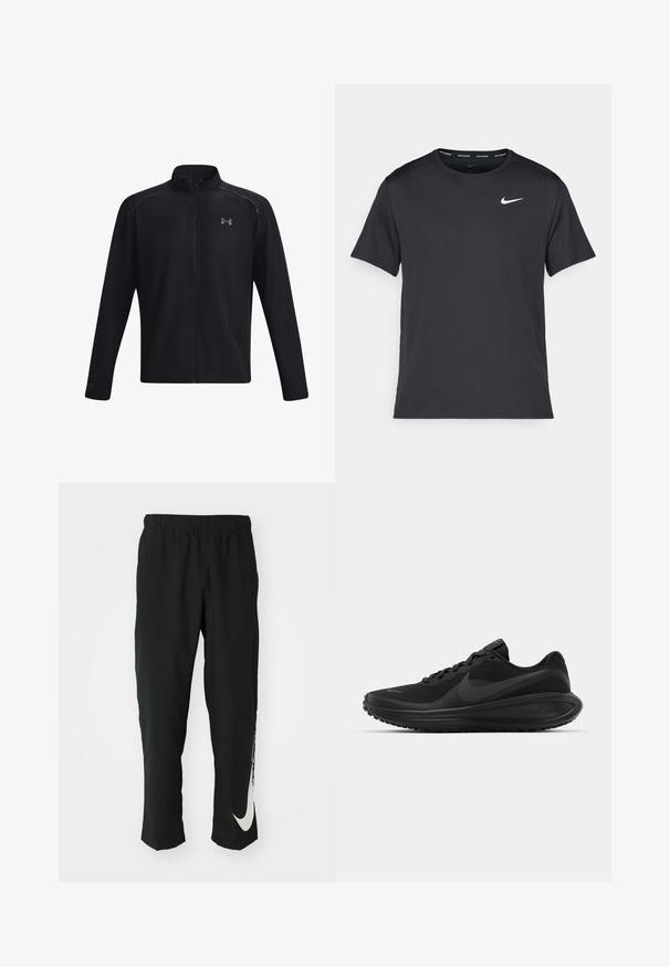 Sort atletisk jakke med fuld lynlås, lange ærmer, kvart lynlås krave og reflekterende detaljer; lavet af glat, letvægtsmateriale.; Sort Nike løbe T-shirt lavet af let, åndbart materiale, med korte ærmer og et lille hvidt logo på brystet.; Sorte træningsbukser med elastisk talje, der taper ind, og har et stort hvidt Nike-logo på venstre ben. Blødt, letvægtsstof.; Sorte atletiske sneakers med en struktureret mesh-overdel, snørebåndsdesign, tyk sål og det fremtrædende sorte Nike swoosh-logo på siden.