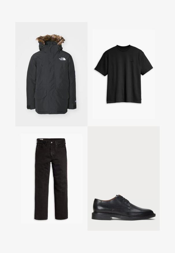 Černá parka s kapucí lemovanou umělým kožešinou. Obsahuje dvě přední kapsy, logo značky na hrudi a nastavitelné manžety na suchý zip.; Černé bavlněné tričko s kulatým výstřihem a krátkým rukávem. Má decentní logo na přední straně a rovný lem. Jednoduchý a minimalistický design.; Černé džíny rovného střihu s pěti kapsami, zapínáním na knoflík a poutky na opasek, položené na bílém pozadí.; Černé kožené společenské boty s kulatou špičkou, šněrováním a nízkým podpatkem. Hladký povrch s minimálním šitím.