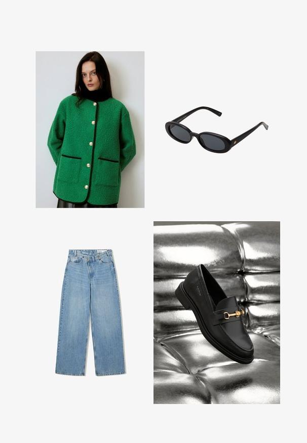 Zelená fleecová bunda s černými detaily, která má kulatý výstřih, velké přední kapsy a výrazné zlaté knoflíky. Měkká a strukturovaná tkanina.; Hladká bílá dlouhá košile s dlouhým rukávem, kulatým výstřihem, zobrazená zezadu, ležící na bílém pozadí.; Světlé modré široké džínové kalhoty vyrobené z denimu, s vysokým pasem, pěti kapsami, knoflíkovým zapínáním a jemným vyblednutím pro texturu.; Černé kožené loafery s detaily zlatého kovu. Obuv má elegantní design a hladký, lesklý povrch.; Černé oversized sluneční brýle s oválnými čočkami, hladkým plastovým rámem a zlatými akcenty na spáncích. Tmavé čočky poskytují ochranu před sluncem.
