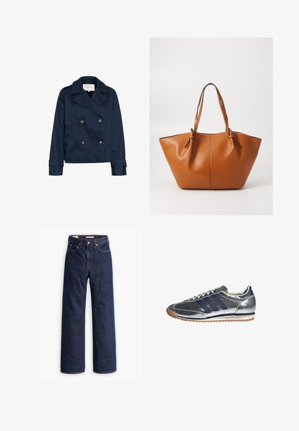 Marineblå dobbeltradet jakke med store reverser, guldknapper, sidelommer og en glat, let skinnende stoftekstur.; Blå og hvidstribet langærmet skjorte med knaplukning, spredt krave, skræddersyet pasform og buet nederste kant. Tekstureret bomuldsstof.; Mørkeblå straight-leg denim jeans med fem lommer, orange syninger og knaplukning.; Sølv syntetisk sneakers med marineblå striber, rund tå, hvidt foer og gummisko. Har tekstureret overdel og snøring.; Brun læder tote taske med en bred, vinkelret form; har to lange håndtag og kontrasterende syninger langs kanterne.