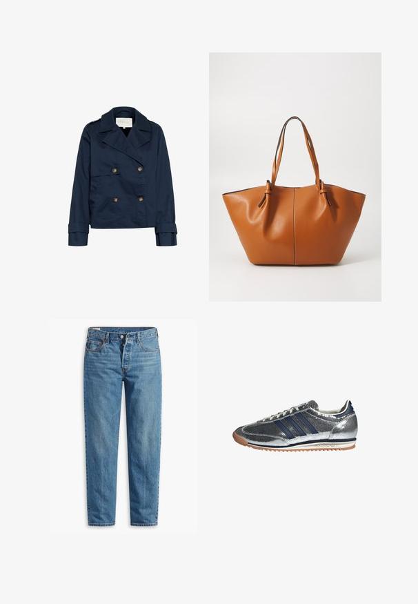 Tamsiai mėlynas dvigubas švarkas su dideliais atvartais, auksinėmis sagomis, šoninėmis kišenėmis ir lygiapaveikslėmis, šiek tiek blizgia medžiaga.; Du du baltos medvilnės trumpomis rankovėmis marškiniai, su apvaliu iškirpimu ir prigludusia siluetu, turintys lygią tekstūrą ir minimalistinį dizainą.; Mėlyni džinsai su tiesia kirpimo forma, su užtrauktuku, dviem priekinių kišenių ir subtiliu blukimu visame audinyje.; Sidabriniai sintetinio audinio sportiniai bateliai su tamsiai mėlynomis juostelėmis, apvaliu nosiu, balta pamušalu ir guminiais padais. Yra tekstūruotas viršus ir raištelių užsegimas.; Ruda odinė rankinė su plačia, kampuota forma; turi dvi ilgas rankenas ir kontrastingas siūles palei kraštus.