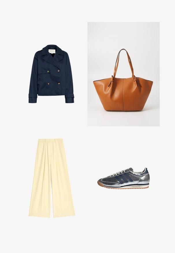 Giacca doppiopetto blu navy con ampi rever, bottoni dorati, tasche laterali e una superficie in tessuto liscia e leggermente lucida.; T-shirt bianco a maniche corte realizzato in tessuto liscio, caratterizzato da un colletto rotondo e dettagli di cucitura discreti all'orlo.; Pantaloni a gamba larga in morbido tessuto giallo chiaro, caratterizzati da pieghe e una vita ben rifinita. Texture liscia, senza motivi visibili o accessori.; Sneaker sintetico argento con righe blu navy, punta tonda, fodera bianca e suola in gomma. Presenta una parte superiore testurizzata e chiusura con lacci.; Borsa a tote in pelle marrone con una forma ampia e angolare; presenta due manici lunghi e cuciture a contrasto lungo i bordi.