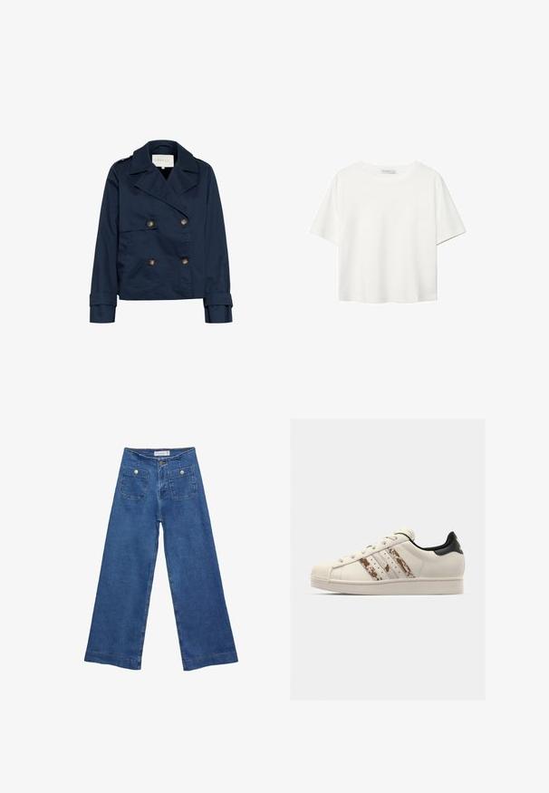 Námornícky modrý dvojradový sak s veľkými klopami, zlatými gombíkmi, bočnými vreckami a hladkým, mierne lesklým textilom.; Biela krátkopsová tričko vyrobené z bavlny. Má okrúhly výstrih a voľný strih. Hladká textúra bez viditeľných vzorov alebo akcentov.; Džínsy s širokými nohavicami v stredne modrej farbe, s dvoma prednými vreckami na gombíkovné zapínanie a šitými detailmi pozdĺž lemov.; Biele kožené tenisky s textúrovaným, krémovým gumovým špičkou. Obsahujú tri hnedé pruhy a čierny zadný panel. Ploché šnúrky a detail loga.