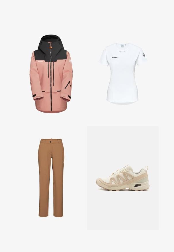 Pink vandtæt jakke med en sort hætte, frontlynlås og lynlåsede lommer. Har justerbare manchetter og ventilationsåbninger.; Kortærmet hvid sportsshirt med rund hals, prydet med et logo på brystet og en glat, let stofstruktur.; Mammut Outdoorbukser - claystone; Beige og creme atletiksko med struktureret mesh-overdel, støttende overlays og gummiyderside med et mønster for trækkraft.