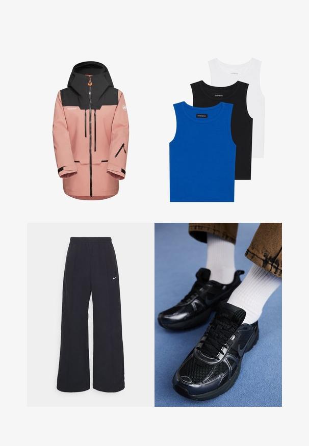Pink vandtæt jakke med en sort hætte, frontlynlås og lynlåsede lommer. Har justerbare manchetter og ventilationsåbninger.; Tre ærmeløse skjorter i blå, sort og hvid. Stoffet er ribbet med en rund halsudskæring. Hver skjorte har et mærke med teksten "even&odd."; Sorte brede bukser med elastisk talje og et lille hvidt Nike-logo. Stoffet har en glat tekstur, designet til komfort og afslappet brug.; Sorte Nike sportssko har en mesh-overdel med blanke detaljer, sorte snørebånd og en struktureret sål. Sammen med hvide ribbet sokker.
