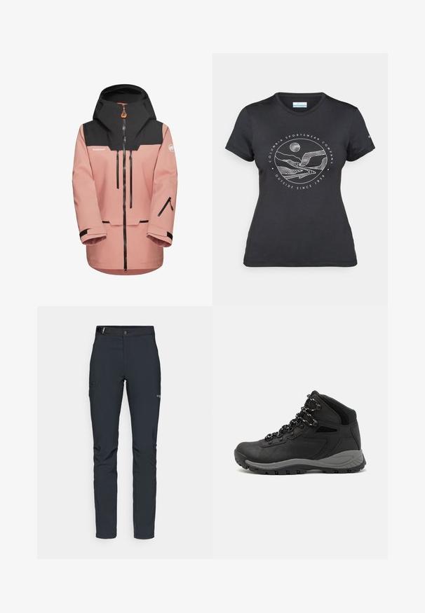 Rosa wasserdichte Jacke mit schwarzer Kapuze, vorderem Reißverschluss und Reißverschlusstaschen. Verfügt über verstellbare Bündchen und Belüftungsöffnungen.; Schwarzes Columbia-T-Shirt mit weißer kreisförmiger Berg- und Fluss-Linienkunst und dem Text "Columbia Sportswear Company - Draußen seit 1938."; Herren Outdoor-Hosen, dunkelgrau, aus flexiblem Material, mit einem Gürtel, Reißverschlusstaschen und verstärkten Nähten.; Schwarzer Wanderstiefel mit einem mittelhohen Design, ausgestattet mit einer strukturierten Oberfläche, grauen Akzenten und einer robusten Gummisohle mit Profilstollen.