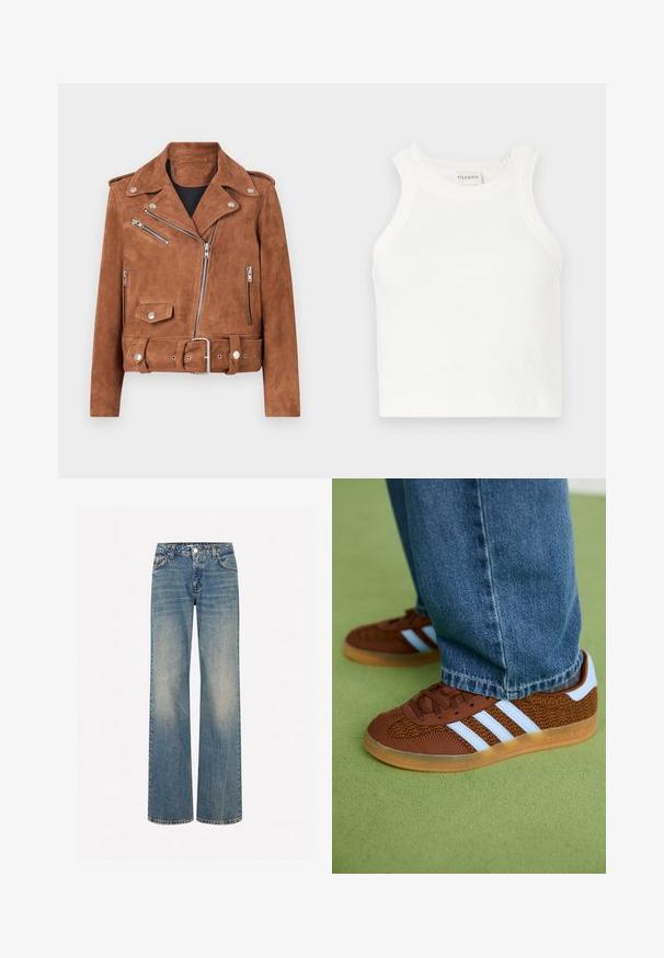 Pruunist nubukist mootorratturi jakk hõbedaste detailide, lukuga taskute, vööde ja klassikalise lõhnaalusega. Tekstureeritud viimistlus annab sügavust.; Valge ribaga särk laiade õlavarre rihmadega ja keha lähedase siluetiga. Omab väikest muldjäljendatud logo Hem'i lähedal.; Heledad sinise denimi laiadelegged teksadega, pleekinud tekstuuriga, viie taskuga, nööpide sulgemisega ja kontrastselt õmmeldud õmblustega.; Pruunid Adidas tennised valgete triipudega ja kummikute tallaga, kantud siniste teksadega rohelisel vaibal.