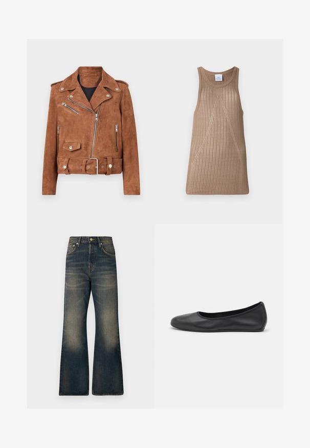 Jachetă de biker din suede maro, cu accesorii din argint, buzunare cu fermoar, talie cu curea și guler clasic cu colțuri. Finisajul texturat adaugă profunzime.; Top tricotat fără mâneci, în nuanță bej, cu o textură cordată, având o formă în A și detalii subtile de cusătură diagonală.; Jeans din denim evazați de culoare albastru închis cu un aspect decolorat, având cinci buzunare, închidere cu nasture și detalii din cusături contrastante.; Balerini din piele neagră, cu vârf rotund, textură netedă, detalii de cusătură minimale și un design al tălpii flexibil.