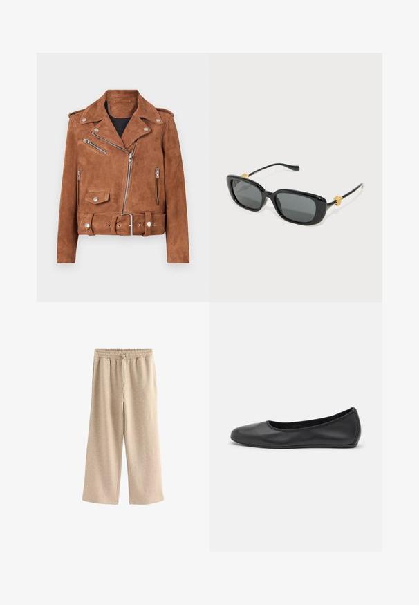 Pruunist nubukist mootorratturi jakk hõbedaste detailide, lukuga taskute, vööde ja klassikalise lõhnaalusega. Tekstureeritud viimistlus annab sügavust.; Mustast pehmest puuvillast lühikeste varrukatega T-särk, millel on ümara kaelusega ja regulaarne lõige, ilma nähtavate mustrite või aktsentideta.; Kreemivärvi laiad püksid, mis on valmistatud pehmest puuvillasegust kangast. Omab elastset vöökohta koos nööriga ja õrna täpikestega tekstuuri.; Musthave mustika tantsutossud mustast nahast, ümmarguse varbaga, siledast tekstuurist, minimaalse õmblusdetailiga ja paindliku tallakujundusega.; Mustad ristkülikukujulised prillid hallide läätsedega ja kuldsete lõvik pea aksessuaaridega tempeltes. Sile plastikraam, stiilne disain.; Musta kott, mis on valmistatud tekstureeritud nahast ja omab ümarat kuju. Sellel on õhuke õlarihm ja dekoratiivsed reljeefmustrit.