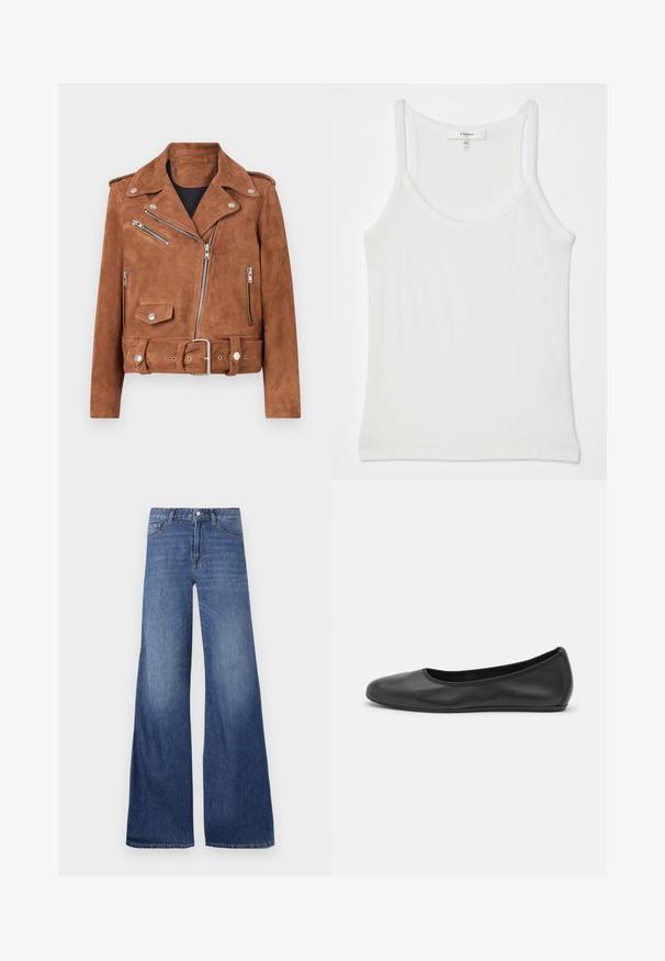 Hnedá semišová motorkárska bunda so striebornými kovaniami, zipsovými vreckami, opaskom v páse a klasickým klopom. Textúrovaný povrch pridáva hĺbku.; Biela bezramenná tielko vyrobené z mäkkej rebrovanej látky; má tenké ramienka a okrúhly výstrih, na štítku je nápis "FRAME."; Džínsy s širokými nohavicami v stredne modrom umývaní, so piatimi vreckami, pútkami na opasok a zapínaním na gombík. Hladká textúra s jemným vyblednutím.; Čierne kožené baleríny s okrúhlou špičkou, hladkým povrchom, minimálnym prešívaním a flexibilným dizajnom podrážky.