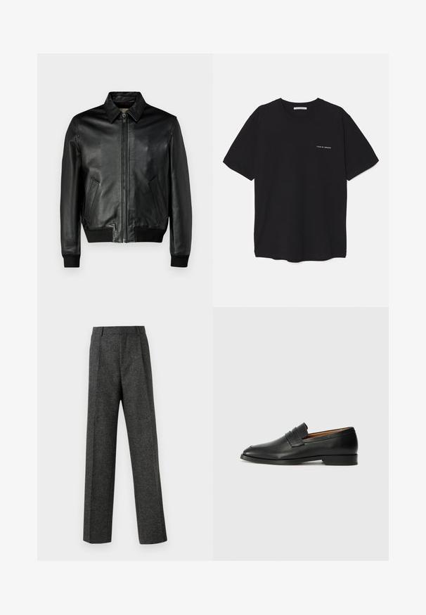 Black leather jacket with a zip front, pointed collar, and two side pockets. Ribbed cuffs and hem enhance the fitted design. Soft texture.; Black cotton T-shirt with a crew neck, short sleeves, and a white logo print on the left chest. Simple, solid color design.; Gray tailored trousers made of textured fabric, featuring two front pleats and a straight-leg design. No visible pockets or embellishments.; Black leather loafer with a rounded toe, subtle stitched detailing, and a low heel, featuring a smooth texture and minimalist design.