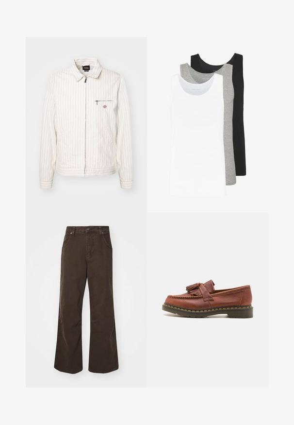 Λευκό μπουφάν με κόκκινες κατακόρυφες ρίγες, κλείσιμο με φερμουάρ μπροστά, όρθιο γιακά και θήκη στο στήθος. Διαθέτει πλαϊνές τσέπες και υφή υφάσματος.; Τρία μπλουζάκια χωρίς μανίκια σε λευκό, γκρι και μαύρο χρώμα. Κάθε μπλούζα διαθέτει κλασικό σχέδιο χωρίς μανίκια, κατασκευασμένο από ελαφρύ βαμβακερό ύφασμα με ριγωτή υφή.; Καφέ παντελόνια με φαρδιά γραμμή, κατασκευασμένα από βαμβάκι, με ψηλή μέση, μπροστινές τσέπες και λεία υφή. Οι λεπτομέρειες περιλαμβάνουν διακριτές ραφές.; Καφέ δερμάτινη μπαλαρίνα με λεπτομέρειες από κρόσσια, υφή επιφάνειας και αντίθετη κίτρινη ραφή κατά μήκος της μαύρης καουτσούκ σόλας. Πλευρική άποψη.