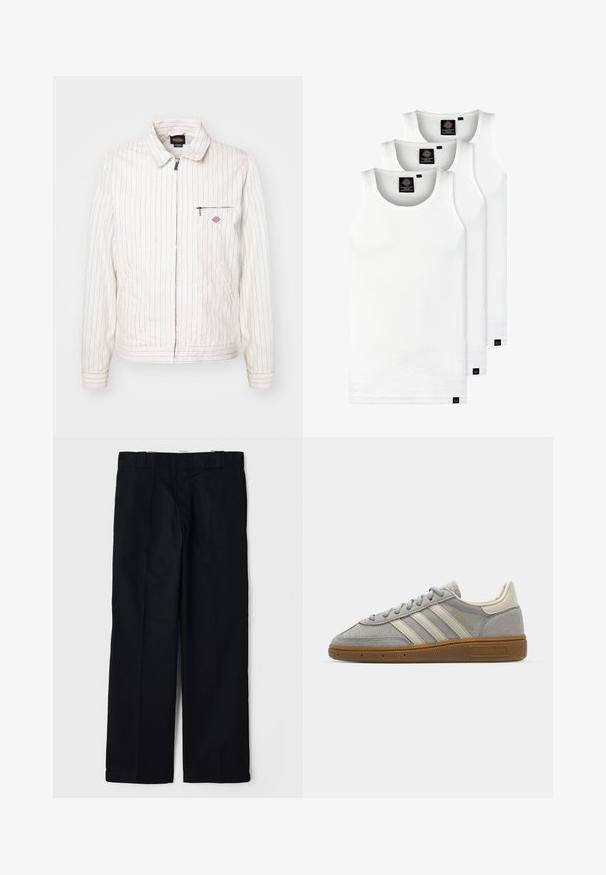 Bijela jakna s crvenim vertikalnim prugama, zatvarač sprijeda, stojeći ovratnik i džep na prsima. Sadrži bočne džepove i teksturiranu tkaninu.; Tri bijele rebraste majice bez rukava od pamuka. Imaju okrugli izrez i male crne oznake blizu rubova. Dostupne su u više veličina.; Crne hlače od glatkog materijala, s dizajnom ravnih nogavica, bočnim džepovima i klasičnim pojasom s petljama za remen.; Sive suede tenisice s svijetlosivim kožnim prugama i gumiranim potplatom. Značajke uključuju vezanje na vezice i suptilno brendiranje na jeziku.