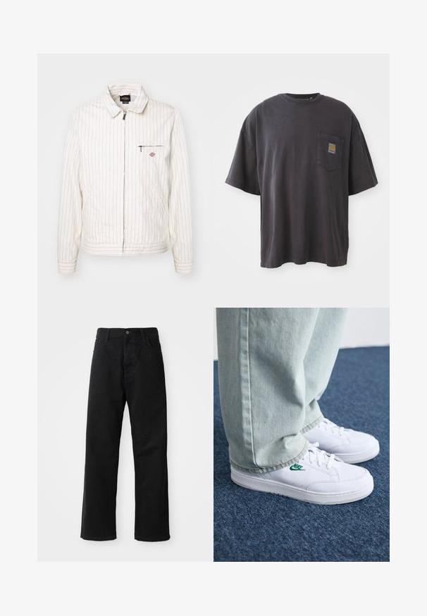 Bela jakna z rdečimi vertikalnimi črtami, zadrgo spredaj, stoječim ovratnikom in žepom na prsih. Ima stranske žepke in teksturirano tkanino.; Črna bombažna majica s kratkimi rokavi, okroglim izrezom in žepom na levi strani prsi, ki vključuje kvadratno oznako. Preprost in neopazen dizajn.; Črni kavbojki z ravnim krojem, ki imajo sprednje žepke, zadrgo in en zgornji gumb. Teksturovan material z mat zaključkom.; Bela usnjena športna obutev z zelenim Nike logotipom, okrogla konica, ravna podplat, v kombinaciji z svetlo modrimi kavbojkami, prikazana na modrem preprogu.