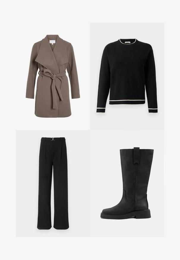 Καφέ παλτό με ζώνη και φαρδιά πέτα, φτιαγμένο από μαλακό ύφασμα. Διαθέτει δύο μπροστινές τσέπες και άνετη γραμμή. Λείος υφή και απλός σχεδιασμός.; Μαύρο μακρυμάνικο πουλόβερ με λαιμόκοψη και λευκή ρίγα στους γιακά, τους μανικιών και το στρίφωμα, παρουσιασμένο σε λευκό φόντο.; Μαύρο παντελόνι με φαρδιά πόδια, φτιαγμένο από λείο ύφασμα, με ψηλή μέση και χρυσή λεπτομέρεια στη ζώνη. Δεν έχει ορατές τσέπες.; Μαύρη δερμάτινη μπότες έως το γόνατο με επίπεδη σόλα και στρογγυλή μύτη. Διαθέτει λαβή στην κορυφή και λεία ματ υφή.