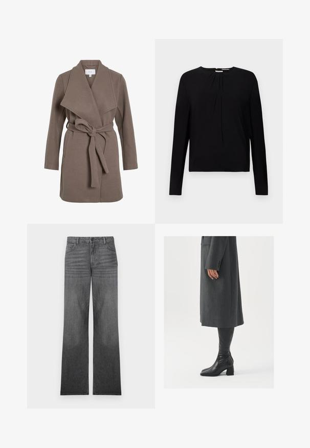 Casaco castanho com cinto, de lapela larga, feito de um tecido suave. Apresenta dois bolsos frontais e um corte descontraído. Textura suave e design simples.; Top preto de mangas compridas com textura canelada, gola redonda e detalhes pregueados à frente, proporcionando um ajuste descontraído.; Jeans de ganga cinza de perna larga com um banho médio, apresentando um design de cinco bolsos, fecho frontal por botão e detalhes de costura subtis.; Casaco cinza, ajustado, com corte reto; combinado com botas de couro pretas até ao joelho, com biqueira quadrada e salto grosso.