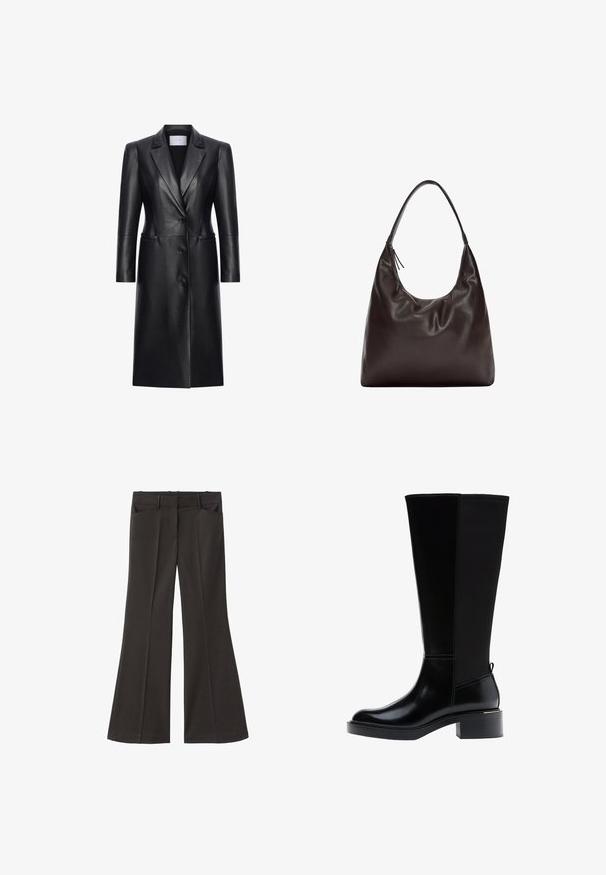 Czarny skórzany płaszcz o dopasowanym kroju, z ostro zakończonymi klapami, trzema guzikami i długimi rękawami. Posiada widoczne szwy oraz dwie boczne kieszenie.; Brązowy dzianinowy sweter z wysokim dekoltem, długimi rękawami i dopasowanym paskiem w talii. Miękka tekstura i luźny krój.; Czarne spodnie z szerokimi nogawkami i wysokim stanem; posiadają dwie przednie kieszenie oraz gładką teksturę materiału. Idealne na różne okazje.; Czarny kozaki za kolano z gładkim wykończeniem ze skóry, widocznym przeszyciem, masywnym obcasem i fakturowanym tylnym panelem dla dodatkowego efektu.; Brązowa skórzana torba na ramię o miękkim, luźnym kształcie. Torba ma szeroki pasek i minimalistyczny design, uzupełniony delikatną fakturą.
