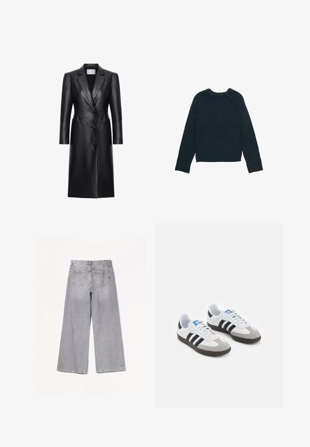 Zwarte leren jas met een op maat gemaakte design, puntige revers, drie knopen en lange mouwen. Heeft zichtbare stiksels en twee zijzakken.; Donkergroen gebreide trui met een ronde hals, lange raglanmouwen en geribbelde manchetten en zoom. Gestructureerd oppervlak met een losse pasvorm.; Bershka WIDE-LEG - Wide leg - grey; Sportschoenen met een witte leren bovenkant, grijze suède neus en drie zwarte strepen. Bevat een blauw logo op de tong en een gestructureerde rubberen zool.