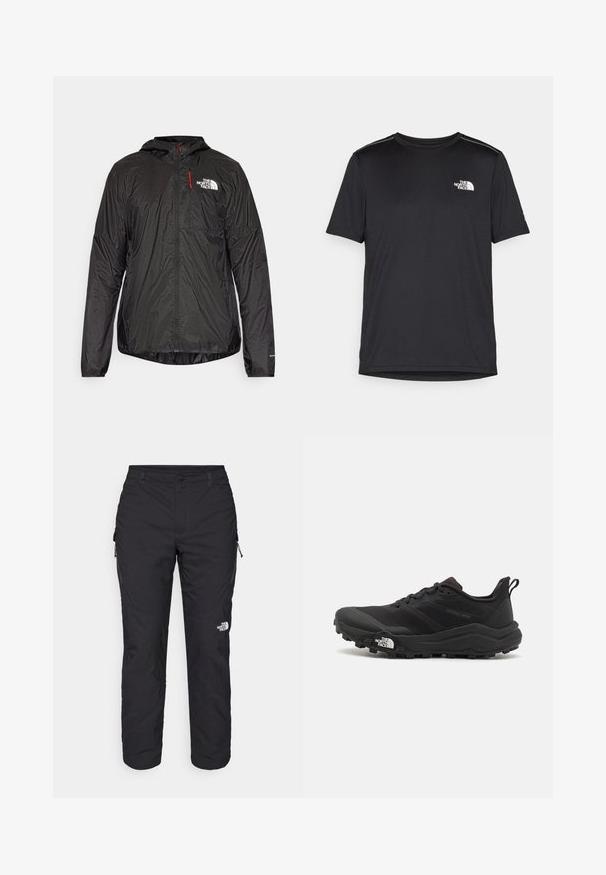 Veste légère noire avec capuche, dotée d'un zip à l'avant, d'une petite poche poitrine avec fermeture éclair rouge et d'un logo blanc sur le côté gauche de la poitrine.; T-shirt noir à manches courtes en tissu léger. Présente un petit logo blanc sur la poitrine gauche et des accents subtils aux épaules.; The North Face WINTER EXPLORATION TAPERED CARGO - Pantalons outdoor - black; Chaussure de trail running noire avec une tige texturée, semelle en caoutchouc et bout renforcé. Présente un col rembourré et une tirette pour un enfilage facile.