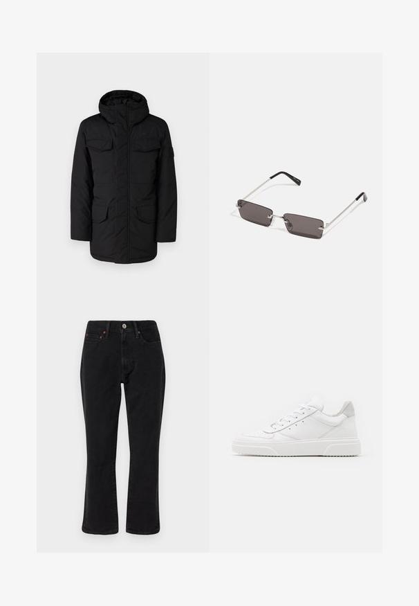 G-STAR VODAN PARKA - Parka - black; Melns un pelēks raibs žakets ar apkakles kakla izgriezumu, pogām priekšpusē un divām krūšu kabatām. Izgatavots no teksturēta auduma.; Melnu denim džinsi ar taisnām kājām, piecu kabatu stilu un metāla detaļām ar varšos akcentiem. Gluda tekstūra un vidēja augstuma.; Baltie ādas sporta apavi ar gludu virsmu, noapaļotu purngalu, plakaniem šņorēm un reljefa zoli. Pelēks zamšādas akcenti pie papēža.; Saulesbrilles ar taisnstūra formas, tumši pelēkiem stikliem, sudraba metāla rāmjiem un melnām plastikāta galviņām uz kājiņām. Viegls dizains ar deguna spilventiņiem.