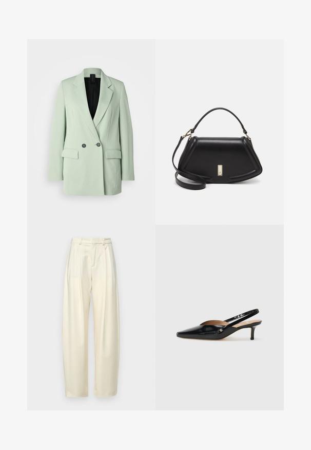 Šviesiai žalias švarkas su dvigubu užsegimu, iškirptėmis lapelėmis, dviem priekinėmis kišenėmis ir juodu pamušalu.; Baltas trumpas marškinėliai, plačios trumpomis rankovėmis, minkšta medvilnė, apvali kaklo iškirptė su subtiliu oranžiniu apvadu, minimalus dizainas, be raštų ar grafikų.; Plisuoti, aukšto juosmens kelnės šviesiai grietinėlės spalvos audinyje. Turi tiesų kirpimą ir lygią tekstūrą. Be kišenių ar matomų detalių.; Juodas patentuotas odinis slingback batelis su smailiu nosimi, mažu kulniuku ir išpjovimais ant priekinės dalies. Auksinės spalvos detalės ant šono.; Juoda odinė rankinė su struktūrizuotu dizainu, turi trumpą formą, viršutinę rankeną ir auksinius akcentus. Pridėtas reguliuojamas peties diržas.