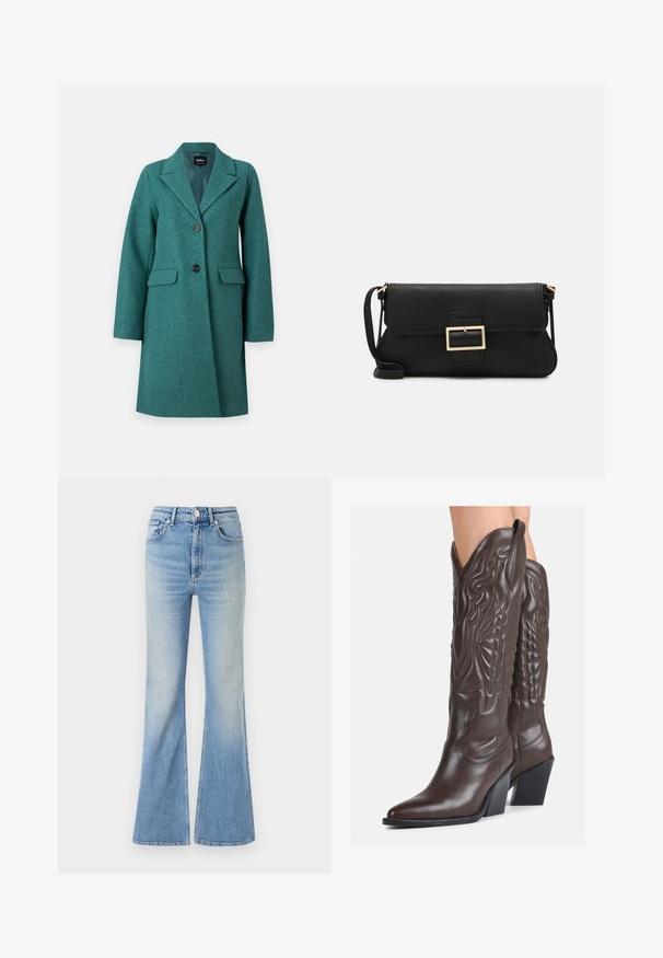 ONLY ONLBLAKE OVERSIZE COAT - Klasisks mētelis - bayberry; Džemperis ar atklātām plecu daļām un garām piedurknēm olīvu zaļā krāsā, izgatavots no mīksta, teksturēta auduma ar ribota tipa apkakli un gludu ķermeni.; Gai zili flared džinsi, kas izgatavoti no denima, ar augstu jostasvietu, piecu kabatu dizainu un maigu gradientu izbalēšanu uz apakšmalas.; Brūni ādas kovboju zābaki ar norādītu purngalu un blokveida papēdi, ar detalizētu šūšanu un paceltiem akcentiem uz kājas daļas.; Melnas ādas saķeres soma ar atloku un zelta metāla sprādzi. Ietver melnu siksnu un elegantu, minimālistisku dizainu.; Sudraba gredzenveida auskari ar minimālistisku dizainu. Cirkulāra forma, gluda tekstūra un plāns profils. Vieglu svaru ar spīdīgu apdari.