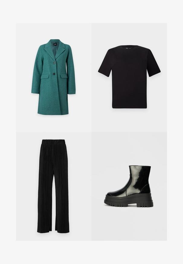 ONLY ONLBLAKE OVERSIZE COAT - Classic coat - bayberry; Black short-sleeve t-shirt with a round neckline, crafted from soft cotton fabric. Simple design, no visible logos or patterns.; Black pleated trousers with an elastic waistband. Features wide legs and a smooth, textured fabric with vertical stripes.; Black glossy ankle boot with thick lug sole and rounded toe, side view on plain light gray background.