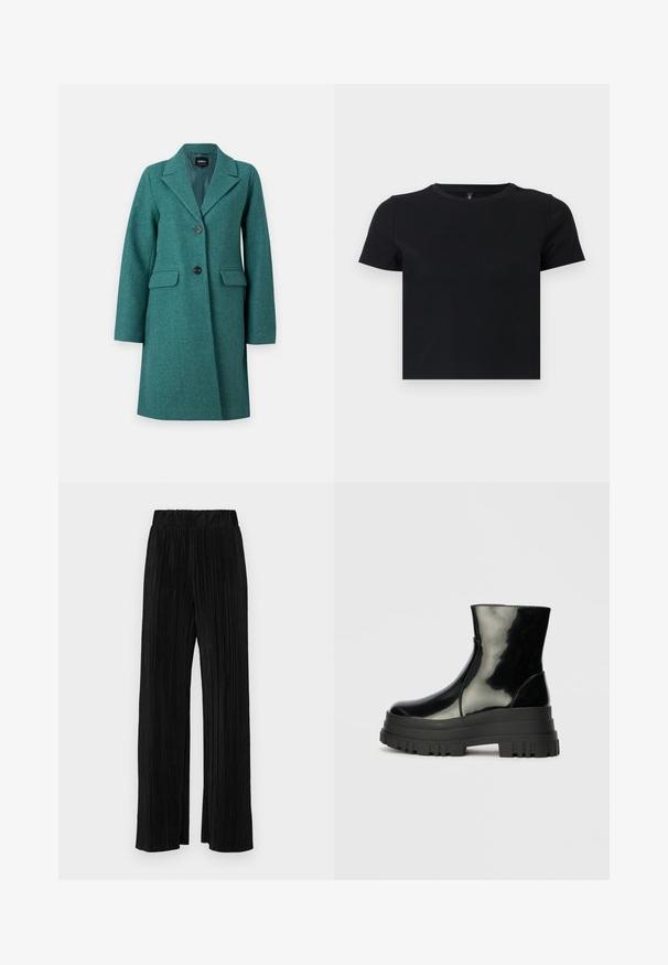 ONLY ONLBLAKE OVERSIZE COAT - Manteau classique - bayberry; T-shirt noir à manches courtes en coton doux. Avec un col rond et un design ajusté. Texture lisse sans motifs ni détails.; Pantalons plissés noirs avec une taille élastique. Présente des jambes larges et un tissu lisse texturé avec des rayures verticales.; Bottines noires brillantes avec semelle lugg épaisse et bout rond, vue de côté sur un fond gris clair uni.
