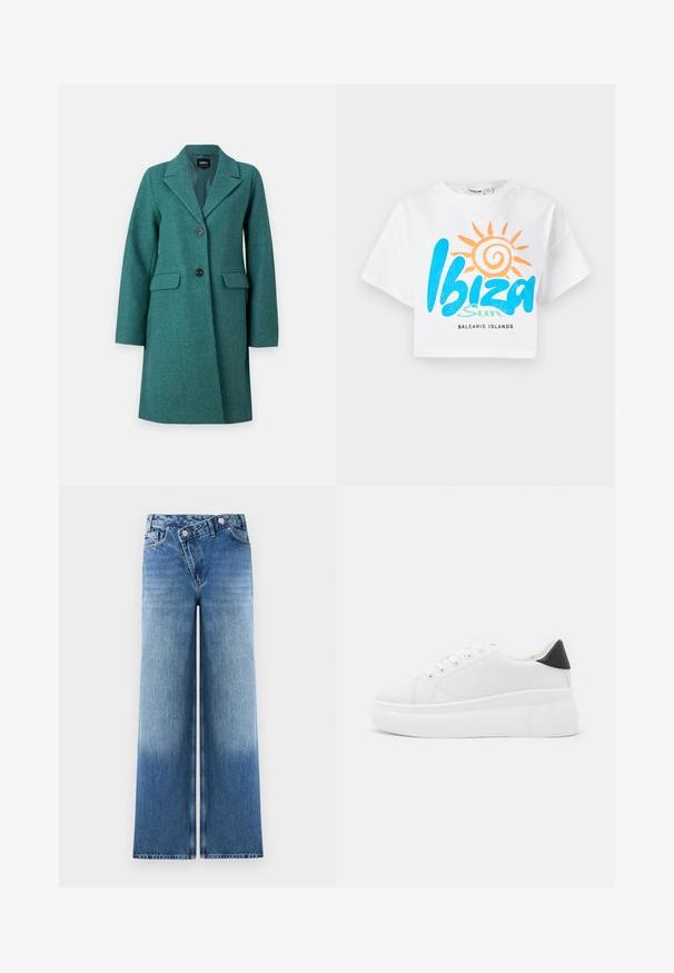 ONLY ONLBLAKE OVERSIZE COAT - Klasični plašč - bayberry; Bela skrajšana majica s kratkimi rokavi, ki prikazuje modro in oranžno grafiko "Ibiza Sun" z obliko sonca ter napisom "Balearsko otočje" v črni barvi. Iz bombažnega materiala.; Svetlo modri široki kavbojke z zbledelim videzom, ki vključujejo klasičen dizajn s petimi žepi in kovinske gumbe na pasu.; Bele platform tenisice izdelane iz gladkega sintetičnega materiala, z zaobljenim prstom, sistemom vezalk in teksturiranim gumijastim podplatom. Črn dodatek na peti.