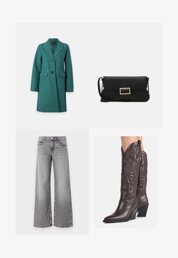 ONLY ONLBLAKE OVERSIZE COAT - Klassischer Mantel - bayberry; Weißes ärmelloses Tanktop aus geripptem Stoff, mit rundem Ausschnitt und figurbetonter Silhouette, minimalen Nähten und ohne Verzierungen.; Weite Jeans aus grauem Denim mit einem ausgewaschenen Finish. Verfügt über klassische Taschen und einen Knopfverschluss an der Taille.; Braune Leder-Cowboy-Stiefel mit spitzem Punkt und Blockabsatz, die über detaillierte Stickereien und hervorgehobene Akzente am Schaft verfügen.; Schwarze Leder-Clutch mit Klappe und goldfarbenem Metallschnallen-Detail. Enthält einen schwarzen Riemen und ein schlankes, minimalistisches Design.; Silberne Creolen mit gedrehter Gestaltung, ausgestattet mit einer polierten Oberfläche und einer Steckverschluss. Sie haben einen Durchmesser von ca. 3 cm.