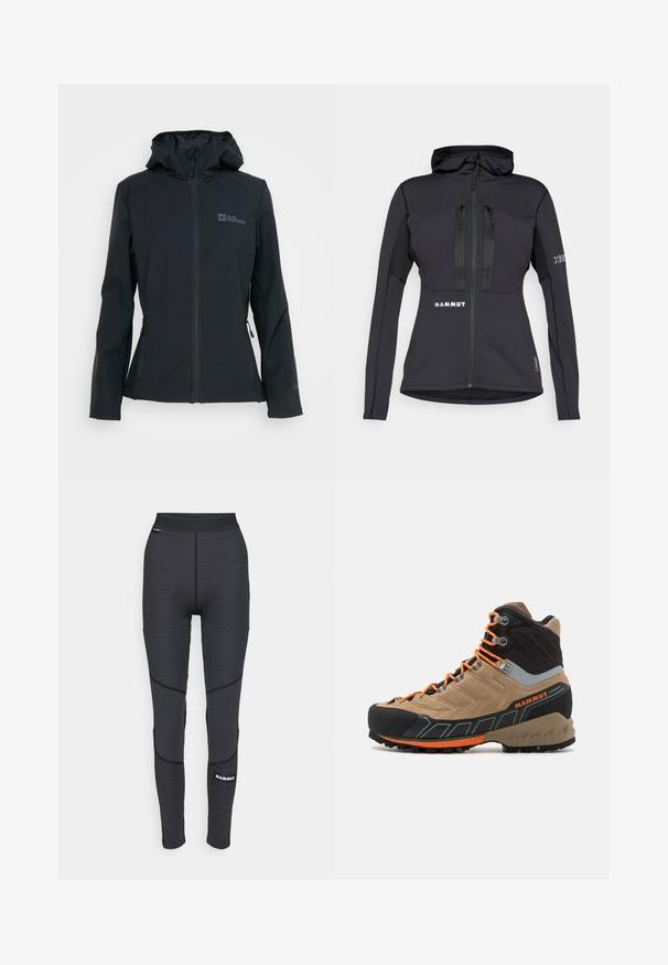 Schwarze Softshell-Jacke mit Reißverschluss vorne, verstellbarer Kapuze und zwei Reißverschlusstaschen. Mit einem Logo auf der Brust und strukturiertem Stoff.; Schwarze Sportjacke mit Kapuze, ausgestattet mit Reißverschlusstaschen und einer strukturierten Einsätzen an den Ärmeln. Logo auf der Vorderseite und dem Ärmel. Material für Flexibilität ausgelegt.; Schwarzes ärmelloses Shirt mit einem strukturierten Muster, runder Ausschnitt und einem "MAMMUT"-Logo auf der Vorderseite. Aus atmungsaktivem Material gefertigt.; Schwarze sportliche Leggings mit strukturierten Einsätzen und verstärkten Nähten, ausgestattet mit einem Markenlogo und einem breiten, elastischen Bund.; Beige und schwarze Wanderstiefel im High-Top-Stil mit orangefarbenen Schnürsenkeln, gummierter Zehenkappe, strukturiertem Obermaterial und robustem Sohlenprofil. Verfügt über verstärkten Knöchelschutz.