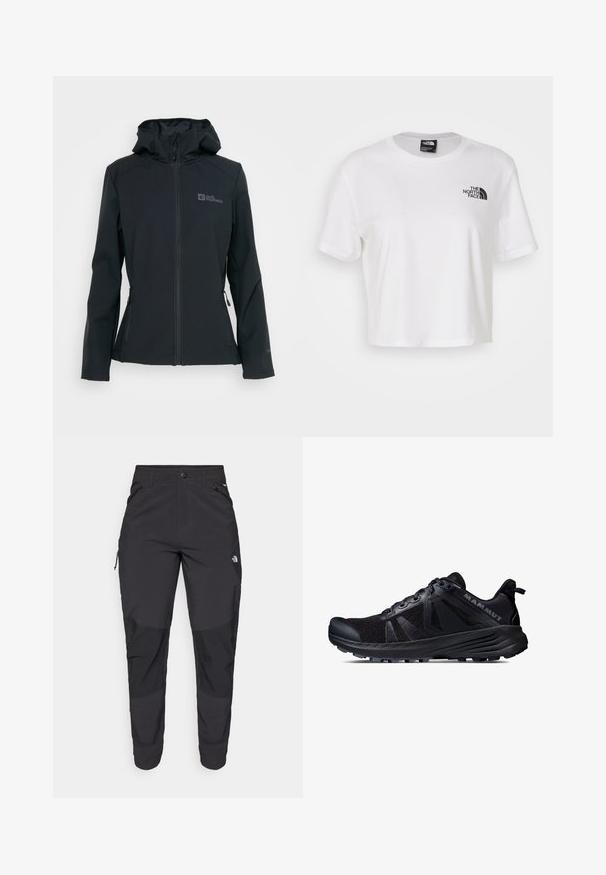 Schwarze Softshell-Jacke mit Reißverschluss vorne, verstellbarer Kapuze und zwei Reißverschlusstaschen. Mit einem Logo auf der Brust und strukturiertem Stoff.; Weißes, kurzes T-Shirt aus Baumwolle mit Rundhalsausschnitt und kurzen Ärmeln. Mit einem schwarzen Logo auf der linken Brust.; Schwarze Outdoor-Hosen aus strapazierfähigem Material. Verfügen über Reißverschlusstaschen, verstärkte Knieeinsätze und ein gerades Design für Beweglichkeit.; Schwarzer Trailrunning-Schuh mit einem Obermaterial aus Mesh und Gummisohle. Mit strukturierten Überzügen, verstärkter Zehenkappe und Markenlogo an der Ferse.