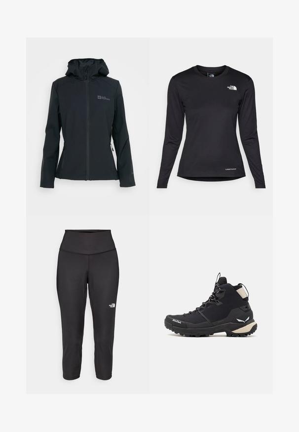 Veste softshell noire avec une fermeture éclair à l'avant, capuche ajustable et deux poches zippées. Présente un logo sur la poitrine et un tissu texturé.; The North Face SHADOW LONG SLEEVE - T-shirt à manches longues - black; Leggings capri noirs en tissu extensible, dotés d'une taille haute et d'un petit logo blanc sur le côté gauche. Texture lisse.; Salewa PUEZ MID PTX - Chaussures de marche - black