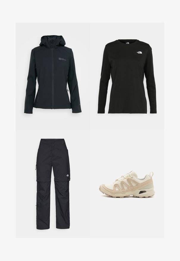 Čierna softshellová bunda so zipsom vpredu, nastaviteľnou kapucňou a dvoma zipsovými vreckami. Obsahuje logo na hrudi a textúrovanú tkaninu.; Čierne tričko s dlhým rukávom vyrobené z bavlny s okrúhlym výstrihom. Obsahuje malé biele logo na ľavej strane hrudníka. Jednoduchý dizajn a strih.; Čierne nylonové cargo nohavice s odnímateľnými nohavicami, nastaviteľnými manžetami, viacerými vreckami a logom na pravej nohe. Hladká, ľahká textúra.; Beige a krémová športová obuv s textúrovaným sieťovým zvrškom, podporujúcimi prekrytiami a gumovou podrážkou s dezénom pre trakciu.