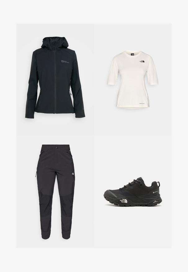 Schwarze Softshell-Jacke mit Reißverschluss vorne, verstellbarer Kapuze und zwei Reißverschlusstaschen. Mit einem Logo auf der Brust und strukturiertem Stoff.; The North Face SHADOW SHORT SLEEVE - Sport T-Shirt - white dune; Schwarze Outdoor-Hosen aus strapazierfähigem Material. Verfügen über Reißverschlusstaschen, verstärkte Knieeinsätze und ein gerades Design für Beweglichkeit.; Schwarzer Wanderschuh mit einer strukturierten Oberfläche, Schnürverschluss und einer massiven Gummisohle, die auf der Seite ein ausgeprägtes Logo sowie Profilmuster zeigt.