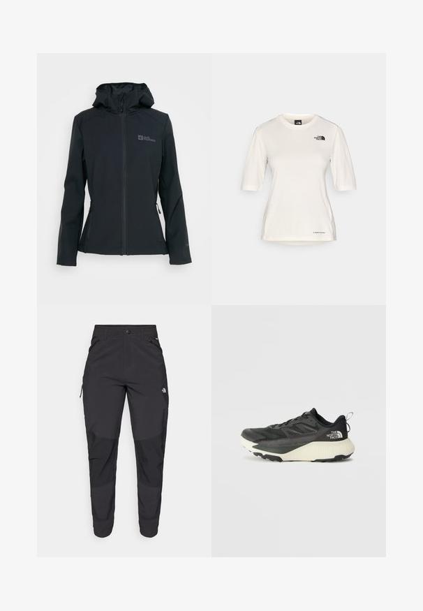 Jachetă neagră din softshell cu fermoar în față, glugă ajustabilă și două buzunare cu fermoar. Prezintă un logo pe piept și un material texturat.; The North Face SHADOW SHORT SLEEVE - Bluză sport - white dune; Pantaloni de exterior negri, dintr-un material rezistent. Prezintă buzunare cu fermoar, panouri întărite pentru genunchi și un design drept pentru mobilitate.; Pantofii sport negri cu un superior texturat, având accente gri și o talpă intermediară albă. Include un sistem de prindere și un logo de marcă proeminent pe călcâi.