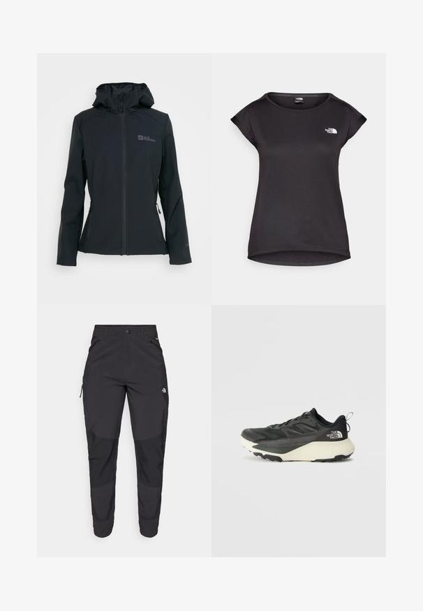 Giacca softshell nera con zip davanti, cappuccio regolabile e due tasche con zip. Presenta un logo sul petto e un tessuto testurizzato.; The North Face TANKEN TANK - T-Shirt sport - black; Pantaloni neri da esterno realizzati in tessuto durevole. Presentano tasche con zip, pannelli rinforzati sulle ginocchia e un design a taglio dritto per la massima mobilità.; Scarpa da ginnastica nera con tomaia testurizzata, con accenti grigi e un sottopiede bianco. Include una linguetta sul retro e un logo del marchio ben visibile sul tallone.