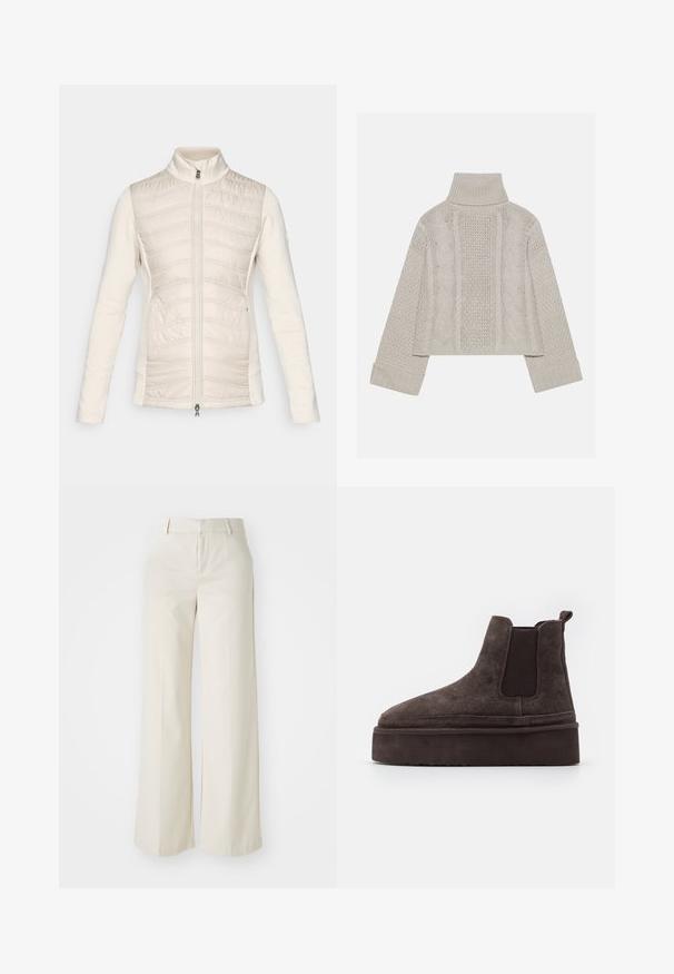 Veste zippée légère de couleur crème, avec un devant matelassé à coutures horizontales, des manches lisses, un col montant et deux poches latérales.; Pull en tricot gris clair, court, avec un col montant et des poignets côtelés, présentant des motifs en relief en câble sur le dos et sur les côtés.; Pantalons évasés de couleur beige clair, fabriqués dans un tissu lisse. Dotés d'une taille classique et d'un devant plat aux lignes épurées.; Bottes Chelsea en suède marron avec des panneaux latéraux élastiques et une semelle épaisse et texturée. Elles comportent une languette au talon pour un enfilage facile.