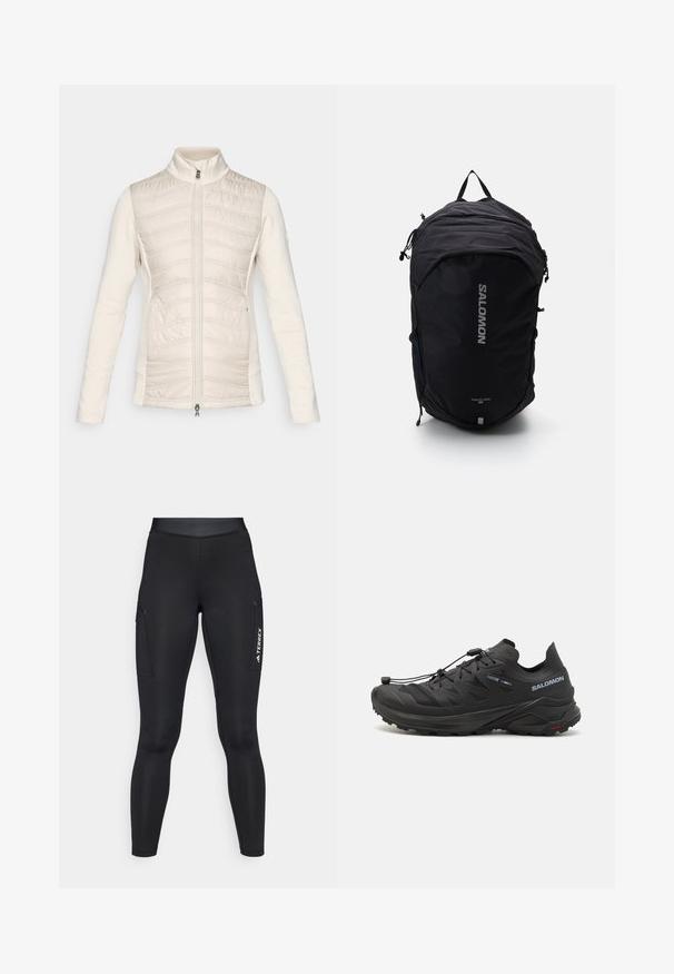 Lengvas kreminės spalvos užtrauktukas džemperis, išklotas priekinis paviršius su horizontaliomis siūlėmis, lygūs rankoviai, aukštas apykaklė ir dvi šoninės kišenės.; Ilgų rankovių baltas sportinis marškinėlis su pusapykakle ir mažuoju centro logotipu ant krūtinės, pateiktas ant vientiso fono.; Juodos sportinės tamprės su prigludusia siluetu, pagamintos iš tampraus audinio. Yra šoninės kišenės ir baltas "TERREX" logotipas.; Juodi bėgimo batai trail su tekstūruota viršutinė dalimi, tinklinėmis dalimis ir saugiai užsegamu sistemu. Turima tvirta pado struktūra, užtikrinanti sukibimą.; Juoda kuprinė su stilingu dizainu, tekstūruotu audiniu, reguliuojamais diržais ir dideliu sidabriniu "SALOMON" logotipu priekyje.