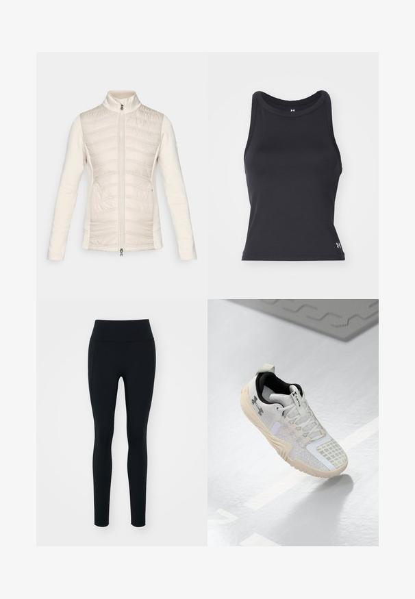 Lätt creamfärgad zip-up jacka, vadderad front med horisontella stygn, släta ärmar, hög krage och två sidofickor.; Svart, ärmlös idrottstopp med rund halsringning, tillverkad av mjukt, stretchigt material. Har en liten logotyp nertill till höger.; Svarta leggings i elastiskt material med hög midja. Slät textur, figurnära design och inga synliga dekorationer eller mönster.; Vita idrottsskor med ett strukturerat mesh-övre, svart inredning och en beige gummisula med ett mönstrat grepp. Accenterat med subtila detaljer.
