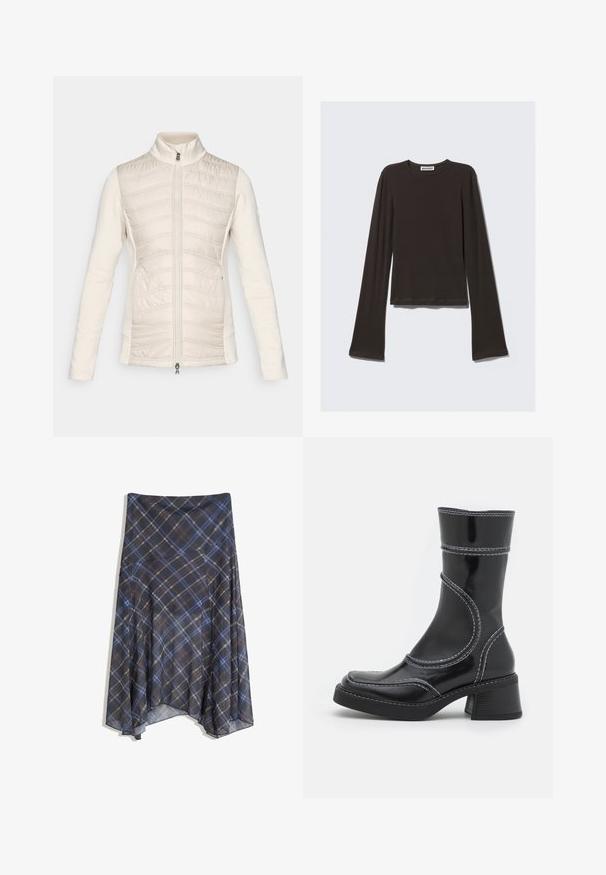 Könnyű, tejszínszínű, cipzáras dzseki, steppelt elülső résszel, vízszintes varrással, sima ujjakkal, magas gallérral és két oldalsó zsebbel.; Sötét szürke, hosszú ujjú póló, puha anyagból készült. Kerek nyakkivágása, testhezálló fazonja és sima textúrájú, harangformájú ujja van.; Fekete kockás szoknya kék és barna vonalakkal, áramló fazon, közepes hosszúságú, könnyű anyagból készült, sima textúrával.; Fekete lakkbőr bokacsizma fehér varrással, kerek orral és blokk sarkal. Görbült formai vonalakkal és sima textúrával rendelkezik.