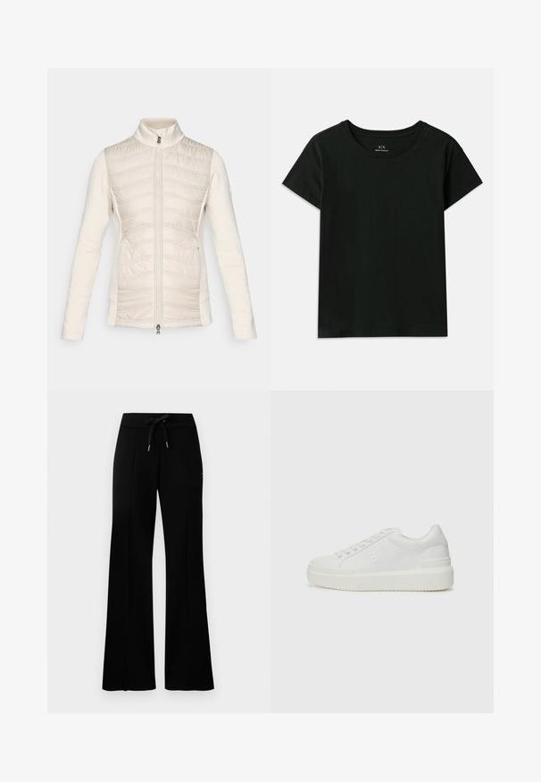 Kerge kreemjas värvitoonis lukuga jakk, tikitud esiosa horisontaalse õmblusega, siledad varrukad, kõrge krae ja kaks küljetaskut.; Must have lühikeste varrukatega must T-särk, mis on valmistatud puuvillast. Omab ümarat kaelaauku ja sissepressitud "Armani Exchange" teksti õlavarre pikkuses. Lihtne disain.; Musthave laiad mustan värvi dressipüksid, millel on reguleeritav vöökoht, külgedel lõhikud, pehme kangas ja elegantne disain.; Valged tenjad suju naha välispinnaga, ümar toe ja lame kummist tallaga. Omab peenelt reljeefset logo ja kuut paelaauku.